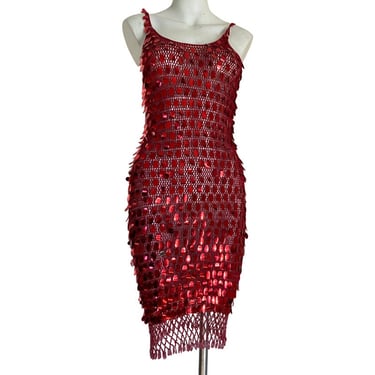 Y2K sequin dress vintage sequin knit cocktail party sheer red sequin disco dress size small medium 