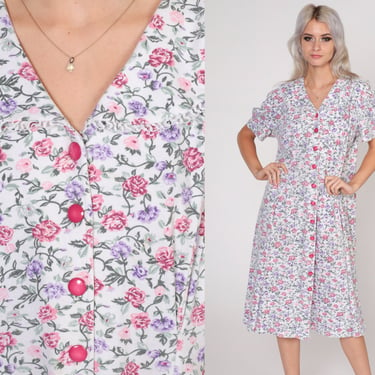 White Floral Dress 90s Button up Midi Dress Puff Sleeve Day Dress Retro Summer Shirtdress Girly Rounded Flat Collar Vintage 1990s 2xl xxl 