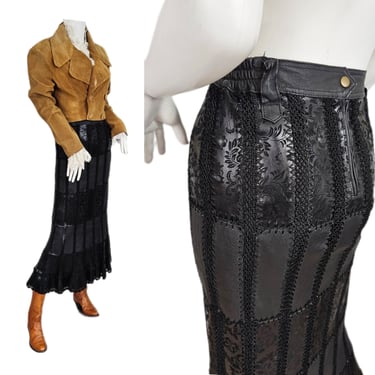 1980's Black Leather Long Mermaid Embossed Patchwork Crocheted Maxi Skirt I Sz Med 