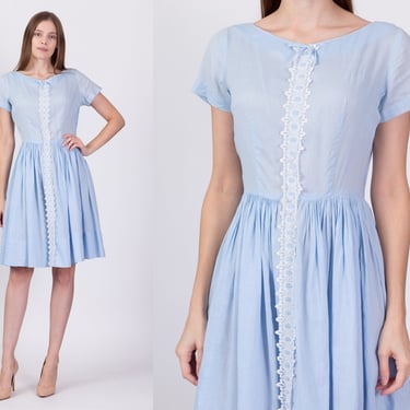 1950s Baby Blue Fit & Flare Day Dress - Medium | Vintage 50s Lace Trim Boho Mini Dress 