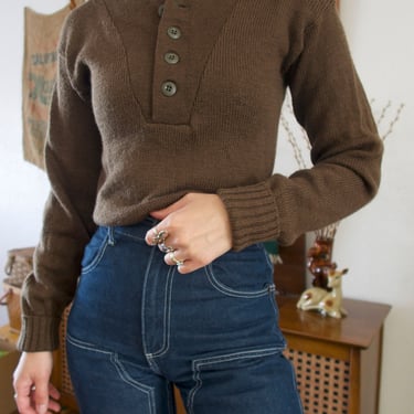 Vintage 80s Military Olive Drab Jack Young Associates, Inc Wool Button Knitted Pullover Sweater 