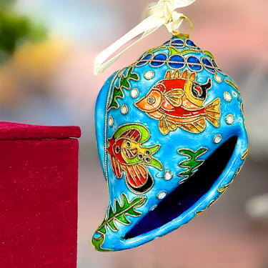 VINTAGE: Brass Cloisonné Enameled Shell Ornament in Box - Fish - Ocean - Under the Sea - Holiday Christmas - SKU 26-B-00040230 