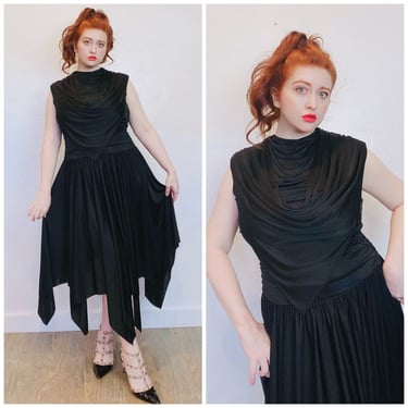 1980s Vintage Destinee Black Ruched Disco Dress / 80s Slink Hanky Hem Backless Poly Knit Gown / Size Large 