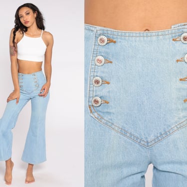 90s Flare Jeans Light Wash Bell Bottoms High Waisted Hippie Denim Boho 1990s Vintage Bohemian BUTTON FRONT Flared Leg Extra Small XS S 3 