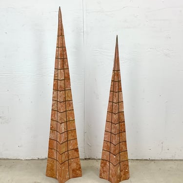 Pair of Casa Bique Pink Marble and Brass Obelisks- Attr. Robert Marcius 