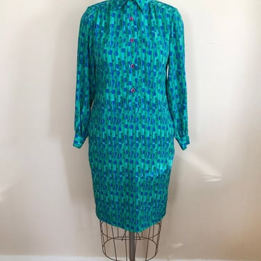 Bright Blue and Green Geometric Print Popover Shirtdress - 1980s 