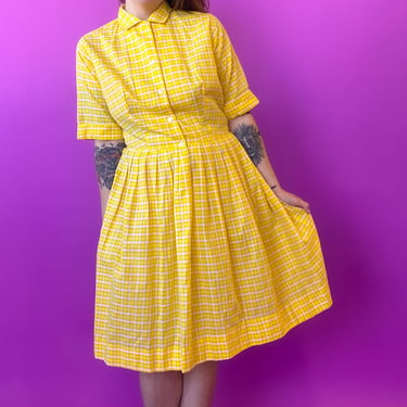 1960s Yellow Plaid Fit and Flare Dress, sz. Large