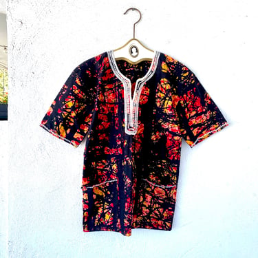 Vintage 70s Embroidered Hippie Tie Dye Shirt Black Red Top 