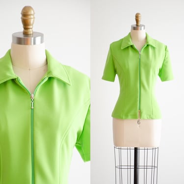 lime green shirt 90s y2k vintage neon green stretchy zip front shirt 