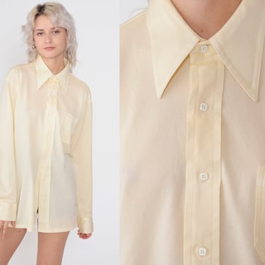 Pale Yellow Shirt 70s Disco Shirt Button up Dagger Collar Top Long Sleeve Blouse Retro Pastel Plain Basic Collared Vintage 1970s Large L 
