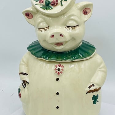 Vintage Shawnee Pottery USA Winnie the Pig Shamrock Green Clover Cookie Jar- Rare find 