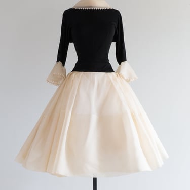 Stunning 1950's Travilla Party Dress in Black and Ivory Silk / Small