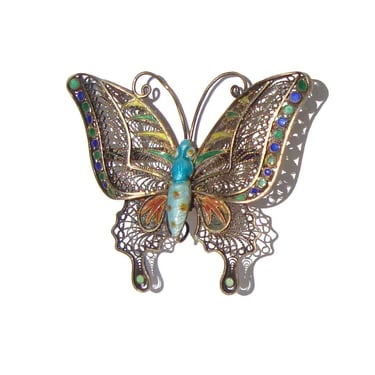 Vintage Chinese Export Silver Filigree & Enamel Butterfly Brooch 