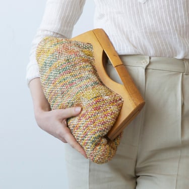 mid century wool tapestry wood purse 