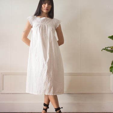 1910s Cotton Smock Nightgown With Eyelet Lace Trim 
