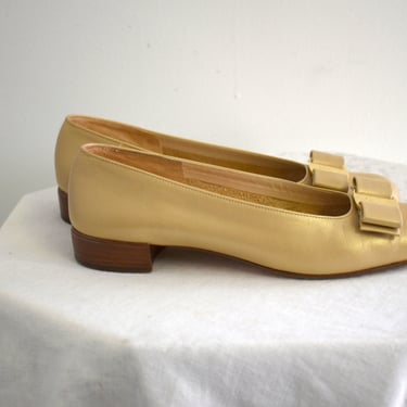 1980s Salvatore Ferragamo "Vara" Matte Gold Shoes, Size 8AAA 