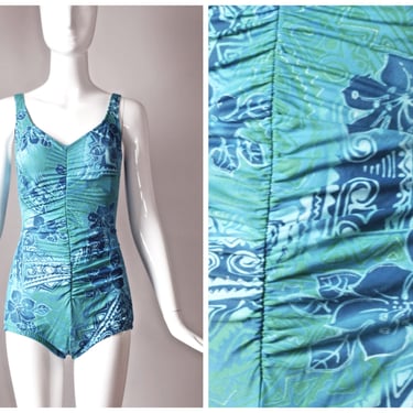 vtg 80s Paradise Bay blue + green Hawaiian floral hibiscus print gathered one piece v-neck swimsuit bathing suit swimwear | 1980s | size 16 