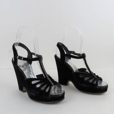 Vintage 1970s platform sandals, velvet, rhinestones, t-strap, size 5, 5.5 