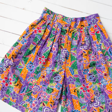 high waisted shorts | 80s 90s vintage purple orange striped rainbow batik floral elastic waist cotton dyed shorts 