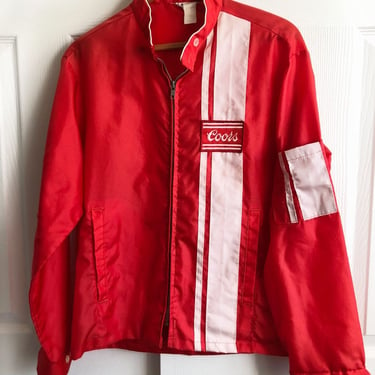 60's Vintage Red & White Stripe Coors Mens RACING JACKET windbreaker, 44" CHEST, 1970's, 1960's, Motorcycle Car Race Coat 