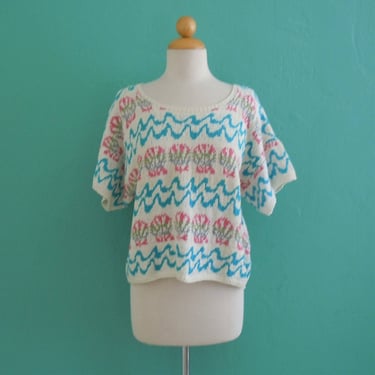vintage 80's seashell cropped sweater // knit summer cropped top 