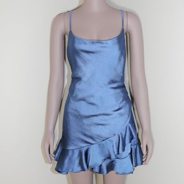 New Years Blue Ruffle Romper Dress Small Formal Holiday Dress Evening Wear Open Back Slip On Satin Dress Spaghetti Strap Sexy Tank Dress 