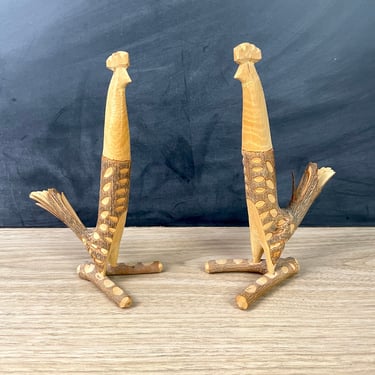 Rustic carved stick chickens - a pair - wooden roosters 