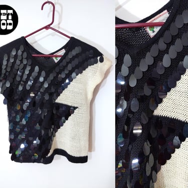 Fun Sparkly Vintage 70s 80s Black White Lightning Patterned Teardrop Sequin Knit Top 