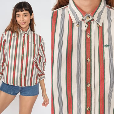 Striped Button Up Shirt 90s Dockers White Red Green 3/4 Sleeve Shirt Retro Preppy Streetwear Collared Top Vintage 1990s Cotton Boy's Medium 