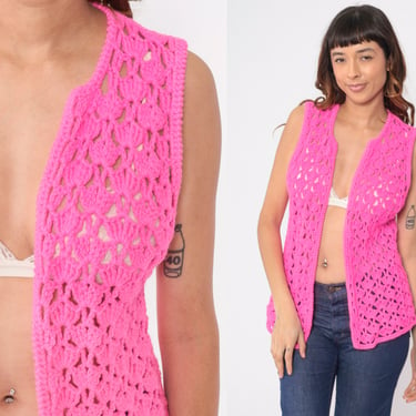 70s Crochet Vest Hot Pink Knit Top 70s Hippie Boho Vest Open Weave Sheer 1970s Vintage Bohemian Sleeveless Sweater Small Medium 