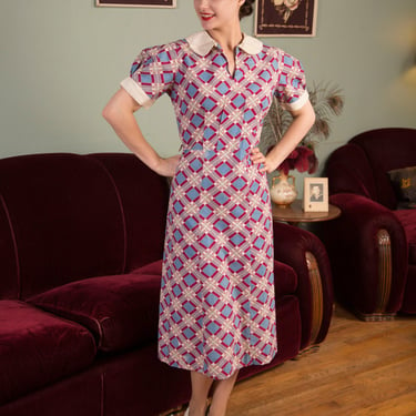 Vintage 1930s Dress - Delightful Bold Plaid Print Cotton 30s Day Dress with White Pique Collar and Cuffs 