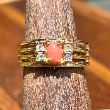 Vintage Gold tone Ring With Coral Colored Center Stone And Rhinestone Detail 
