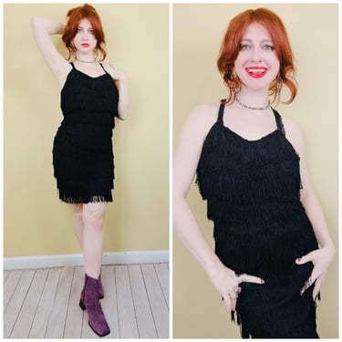 1980s Vintage Jody of California Black Fringe Dress / 80s Flapper Tiered Crossback Mini Dress / Size Small 