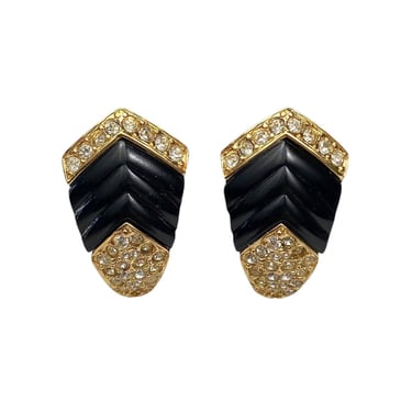 Oscar de la Renta 1980s Vintage Rhinestone Black & Gold Clip-On Earrings 