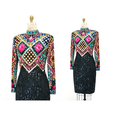 80s 90s Vintage Sequin Dress Small Medium Metallic Dress long Sleeve Black Pink Gold Sequin Beaded Party Cocktail dress by Cache Size Small 