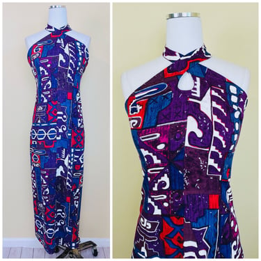 1970s Vintage Cotton Bark Cloth Wiggle Dress / 70s Purple and Blue Tiki Keyhole Halter Dress / Size Small 