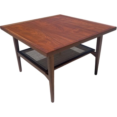 vintage restored mid century modern kipp Stewart Drexel two tier cane walnut coffee table 1960s 
