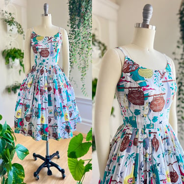 Vintage 1950s Style Sundress | DOLLZ & DAMES Novelty Print Cotton Animals White Spaghetti Strap Fit and Flare Full Skirt Day Dress (x-small) 