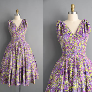 vintage 1950s Chartreuse & Purple Floral Ruth Starling Sweeping Full Skirt Dress - Medium 
