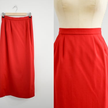 1980s Tahari Slim Red Wool Long Pencil Skirt 
