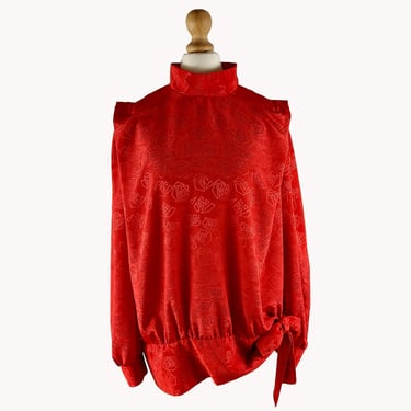 Petronella 1980s Victoriana Style Red Embossed Blouse - Finnish Vintage - Size M 