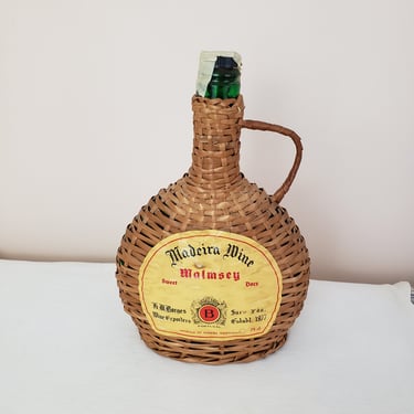 Vintage 1960's Madeira Wine Liquor Bottle/ 70s Rattan Wicker Covered Bottle 