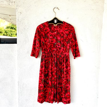 Vintage 1950s 1960s Rose Red Dress Apron Dress Floral Diamond Buttons 