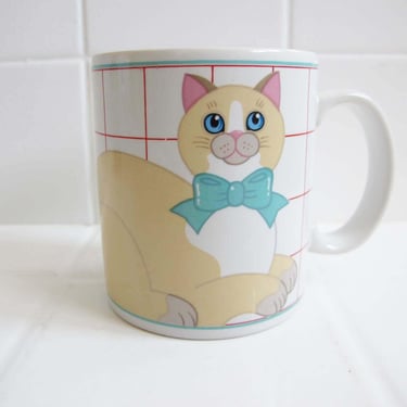 Vintage 80s Cat Mug Japan -Beige Buff White Cat Kitten Coffee Mug - Cat Lady Lover Gift - Best Friend Gift - Pelzman Designs 