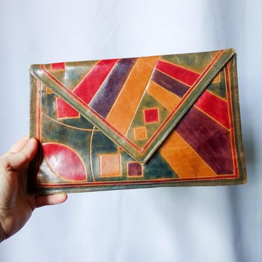 Vintage 90s leather geomateric clutch bag by Kane M, multicolor eclectic flat envelope patchwork purse, bohemian hippie fashion accessories 