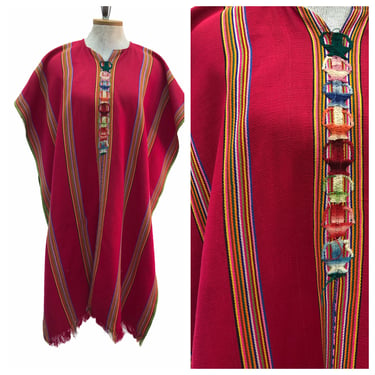 Vintage VTG 1970s 70s Pink Multicolored Stripe Boho Poncho Bohemian 