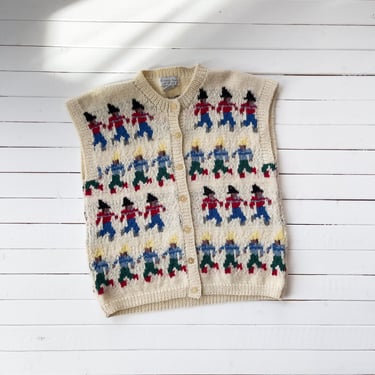 wool sweater vest 70s 80s vintage Roberta Frost cream dancing people folk art vest 