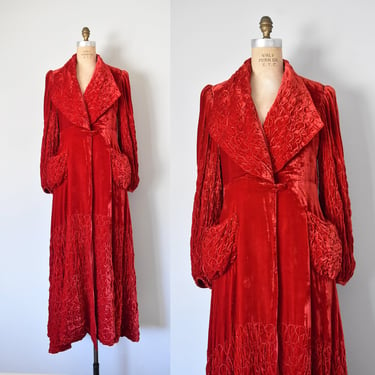 Joan 1930s silk velvet dressing gown, quilted art deco 30s red velvet long sleeve robe, maxi dress, velvet dress, 1940s 