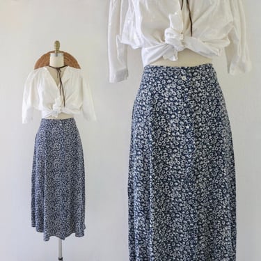 ditsy button front skirt - 29 - dark blue navy white floral womens long midi 