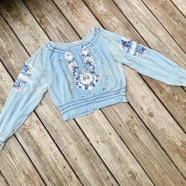 1940s Pale Blue Embroidered Peasant Blouse 